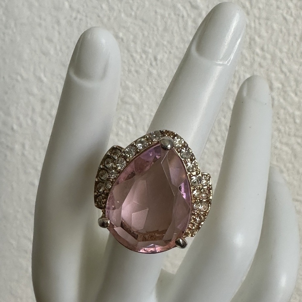 Vintage Arnold Scaasi Cocktail Ring Size 6 Pink Clear Crystals Gold Plate Signed